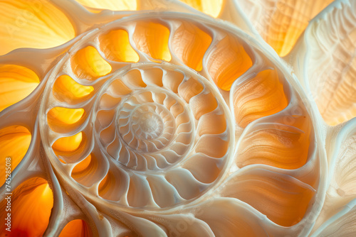 A perfect close up of an amazing fibonacci pattern in a nautilus shell.