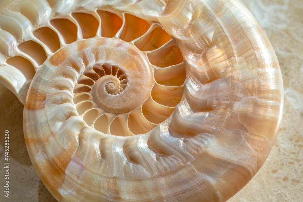 A perfect close up of an amazing fibonacci pattern in a nautilus shell. A perfect close up of an amazing fibonacci pattern in a nautilus shell.
