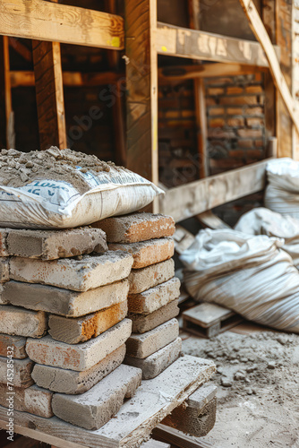 Construction Essentials  Building Materials at Worksite. Stacked bricks  bags of mortar  wooden planks. Background for a construction store.