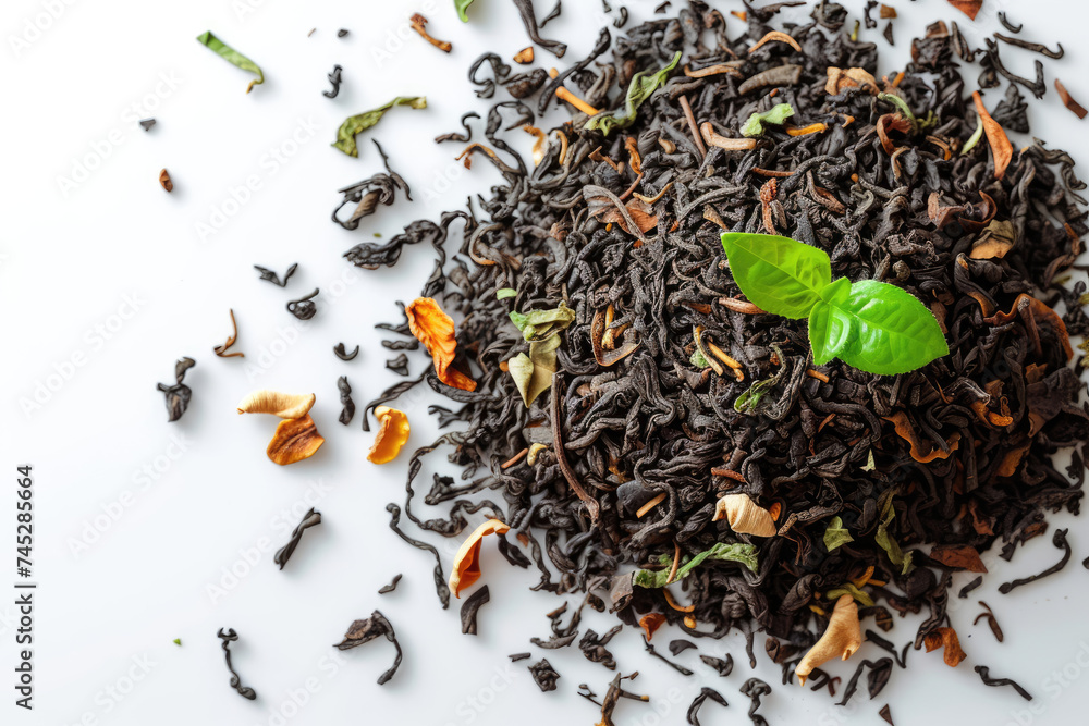 Stack of Black Tea With Green Leaf Stack of Black Tea With Green Leaf
