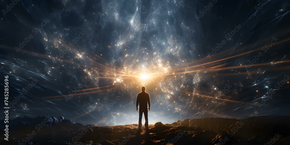 Supernatural figure radiates light and stardust bathed in cosmic essence. Concept Fantasy, Light, Cosmic, Supernatural, Stardust - obrazy, fototapety, plakaty 