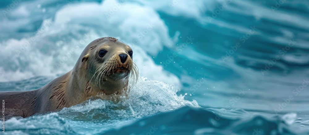 Fototapeta premium A sea lion gracefully swims through the tranquil ocean waters on a sunny day, with waves gently rolling in the background. The scene captures the sea lions sleek movements as it navigates the