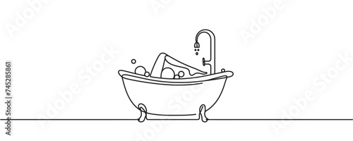 Continuous pattern style bathtub. Bath minimalist black linear design. Vector illustration