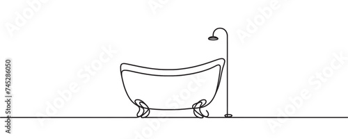 Continuous pattern style bathtub. Bath minimalist black linear design. Vector illustration