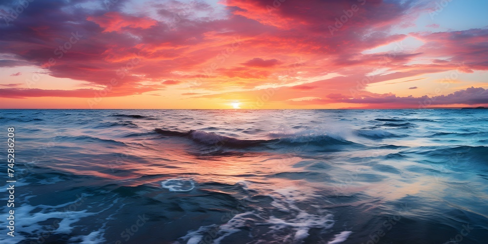 Stunning ocean sunset with vibrant colors reflected on the waters surface. Concept Sunset Photography, Ocean Views, Vibrant Colors, Water Reflections