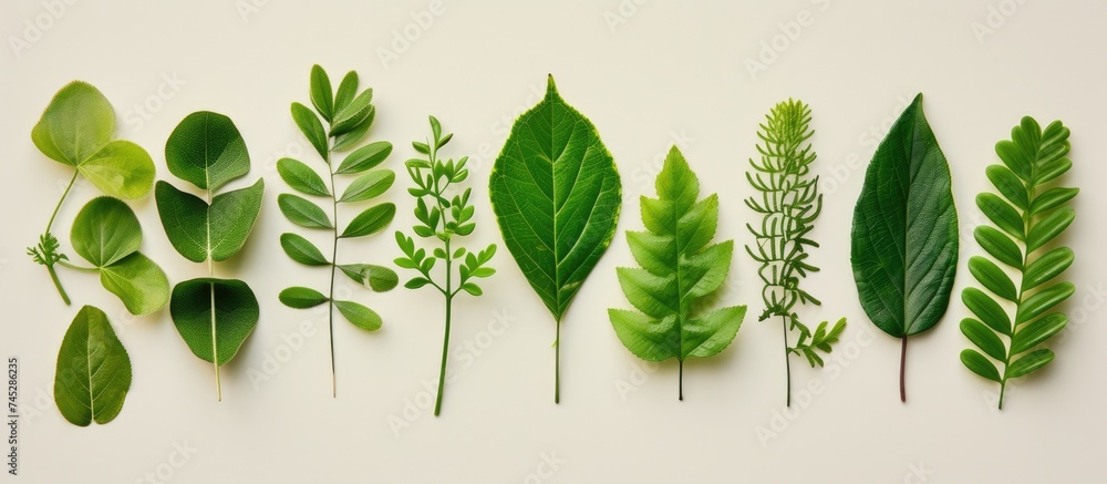 Various green leaves of different shapes and sizes are creatively arranged on a clean white background. This flat lay composition showcases the diversity of foliage in nature. - obrazy, fototapety, plakaty 