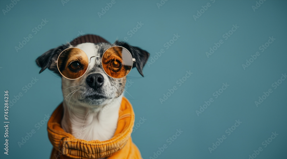 portrait of a jack russel dogs head is graced sleek, geometric hat that and On eyes, she sports a pair of statement sunglasses in line with the trends designs. Banner. Copy space in a blue backgroung