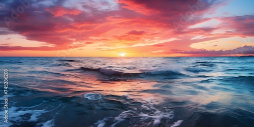 Stunning ocean sunset with vibrant colors reflected on the waters surface. Concept Sunset Photography  Ocean Views  Vibrant Colors  Water Reflections