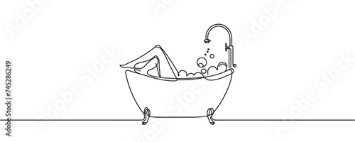 Continuous pattern style bathtub. Bath minimalist black linear design. Vector illustration