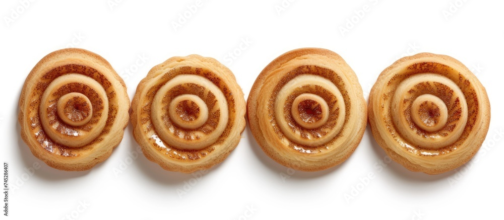 A group of four cinnamon buns arranged neatly on top of each other, creating a spiral pattern. The cinnamon buns are golden brown and have a sweet, spicy aroma. They are isolated on a white background