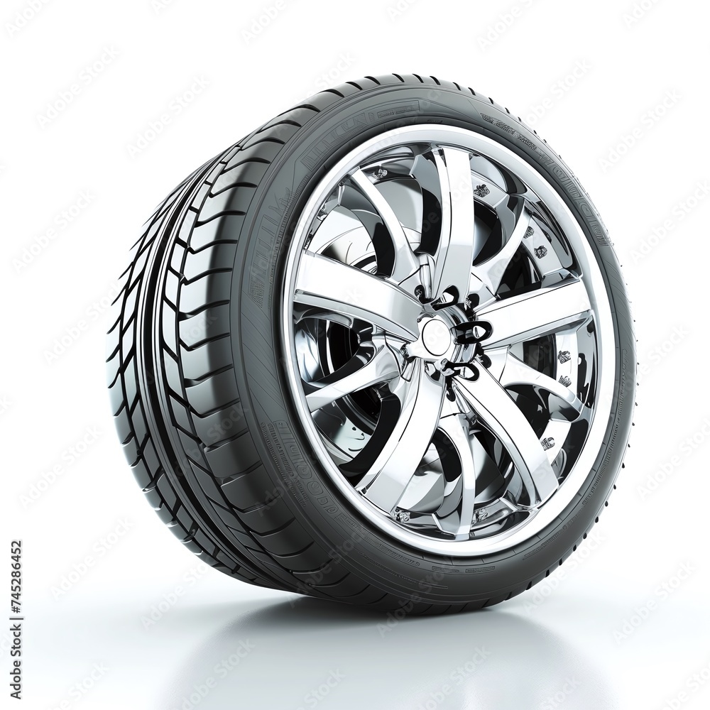 car wheel with detailed tread design isolated on a clean white background