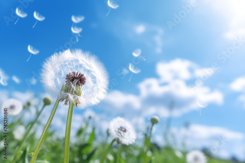 illustration of a dandelion against blue sky. Created with Generative AI