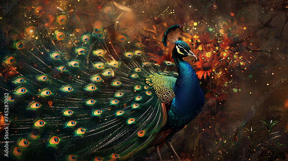 Beautiful multi-coloured peacock - obrazy, fototapety, plakaty 