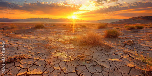 Sunburst over Arid Cracked Desert Landscape