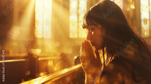 closeup of a woman praying in church, seeking solace and guidance in her faith journey