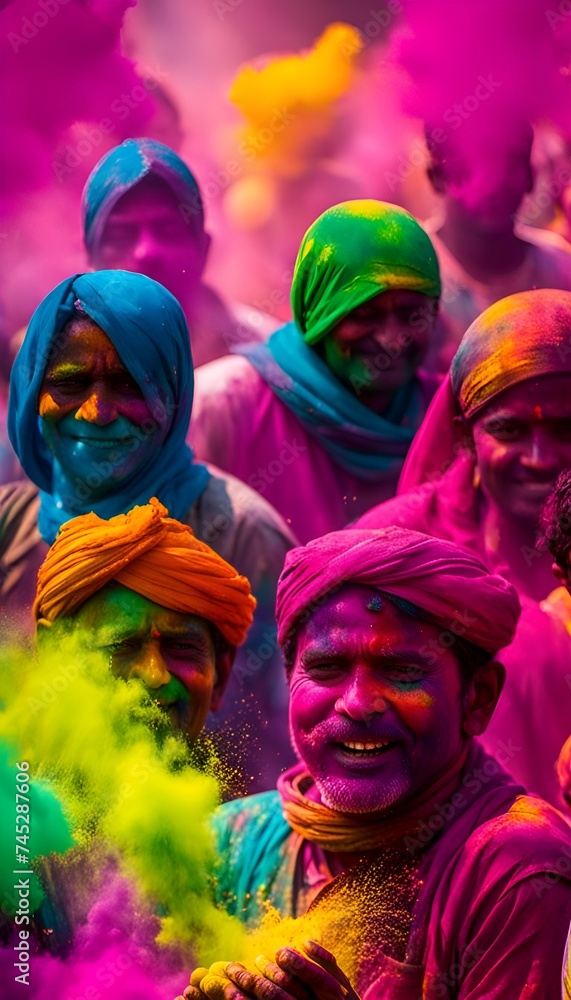 Obraz premium People in colorful powder celebrating Holi festival in India