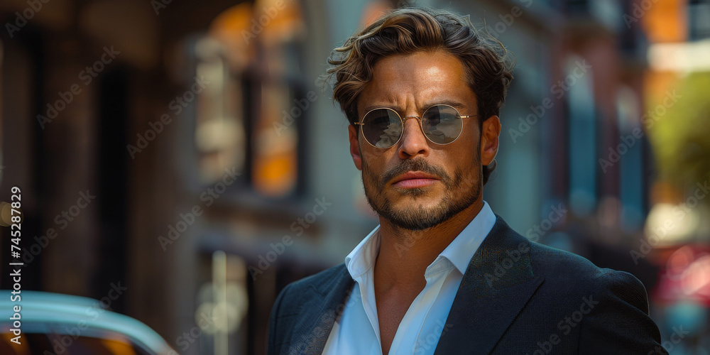 Fototapeta premium Stylish Man Wearing Glasses Sitting By Window