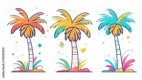 Cute palm tree set. Tropical palm tree hand drawn summer element. Hawaii style decorative border. Cartoon trees illustration. Exotic plants for holiday posters, cards, invitations jungle party.
