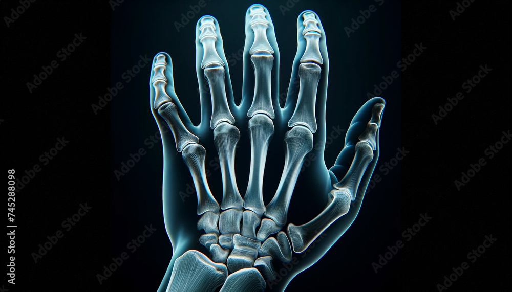Naklejka premium X-ray image of a human hand with visible bones.