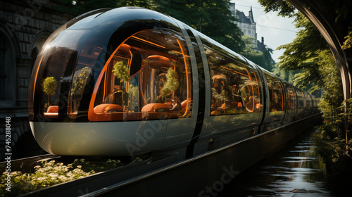 Futuristic train moving through lush green landscape with modern design elements and natural scenery
