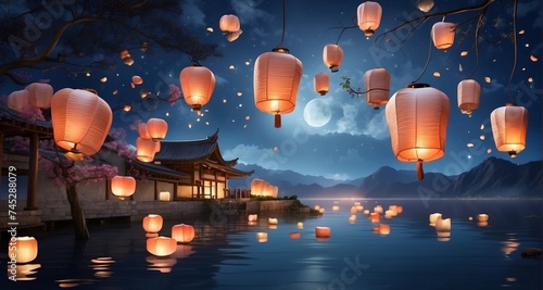 Craft an ultra-realistic image of a night sky adorned with floating lanterns, capturing the warm glow of each lantern's light, the subtle variations in color, and the serene atmosphere -Ai Generative © Sbahat