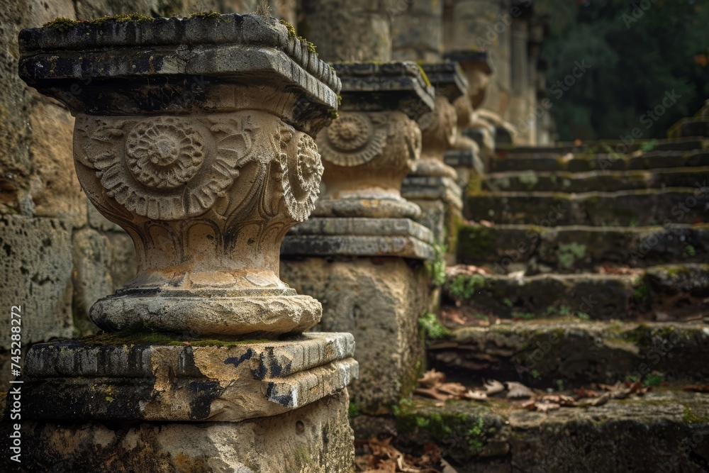 the serene and haunting beauty of a series of ancient, ornate stone pillars. 