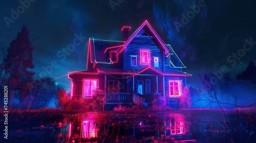 vibrant world of neon colors with a holographic projection of a modern cottage