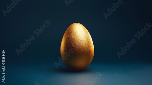 one golden egg isolated on dark blue background - easter concept background with copyspace photo