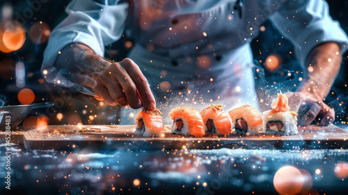 Galactic sushi preparation chef in spaceship kitchen crafting salmon and tuna rolls stars twinkling