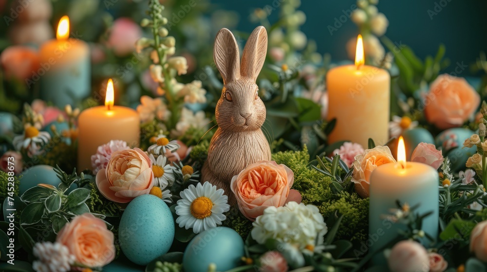 Surrounded by Easter decorations such as painted eggs, lit candles, and spring flowers, a charming rabbit creates a warm ambiance, infusing the space with festive cheer. Surrounded by Easter decorations such as painted eggs, lit candles, and spring flowers, a charming rabbit creates a warm ambiance, infusing the space with festive cheer.