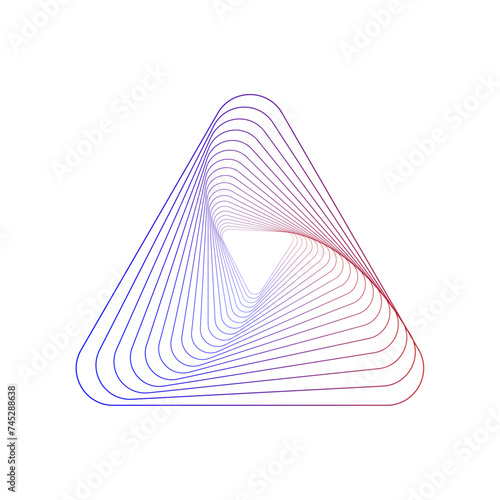 Abstract swirling symbols. Twisted wireframe tunnel. Curved blue red gradient shape. Technology glowing colored triangles.