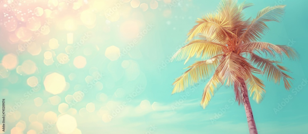 A single palm tree stands tall against the clear blue sky, embodying a minimalist summer beach scene with a pastel-toned blurry background.