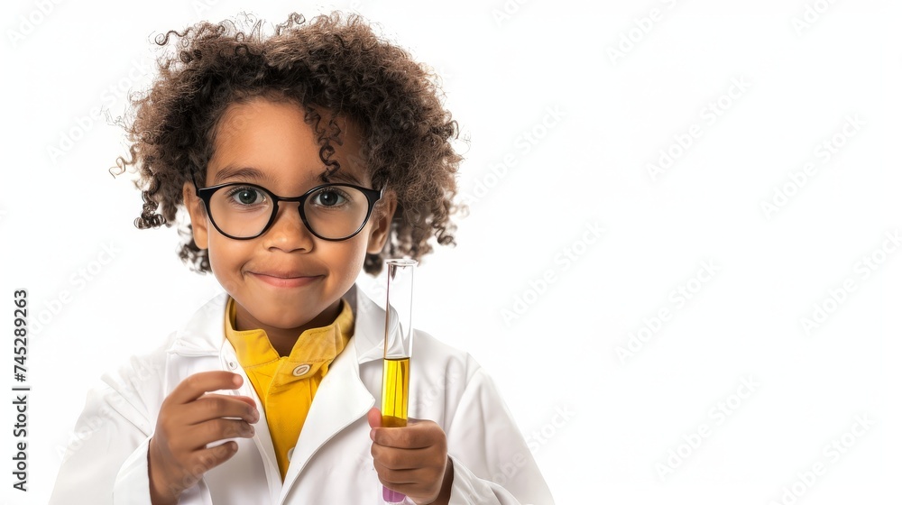 young kid scientist wearing a labcoat and holding up a test tube young kid scientist wearing a labcoat and holding up a test tube