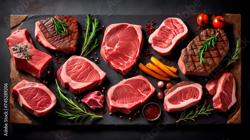 Sumptuous Symphony: A Captivating Culinary Canvas of Prime Beef Steaks and Luscious Raw Cuts on a Rustic, Dark Table