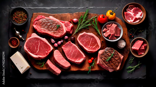 Sumptuous Symphony: A Captivating Culinary Canvas of Prime Beef Steaks and Luscious Raw Cuts on a Rustic, Dark Table photo