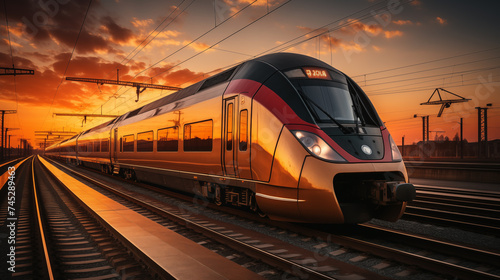 Modern high-speed train at sunset with dramatic sky on railway track.