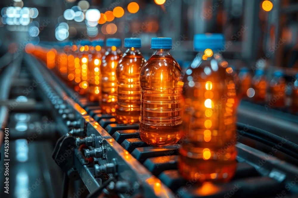 Orange beverage bottles with blue caps on a conveyor belt in a modern manufacturing facility, highlighting the automation process Orange beverage bottles with blue caps on a conveyor belt in a modern manufacturing facility, highlighting the automation process