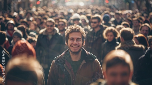 standing out in crowd smiling man amidst joyful gathering of people