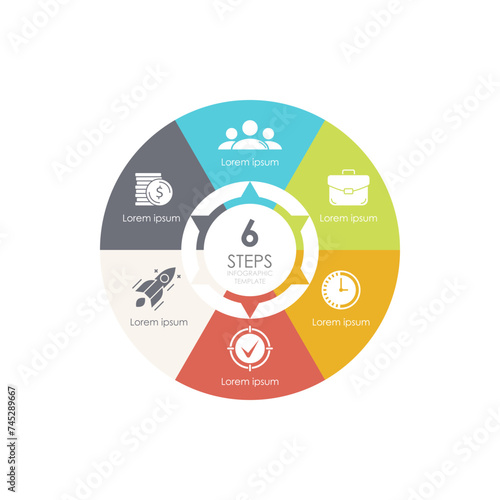 Circle infographic template for cycle diagram, graph, chart or web design. Business concept with 6 steps, options or processes. Isolated on white background.