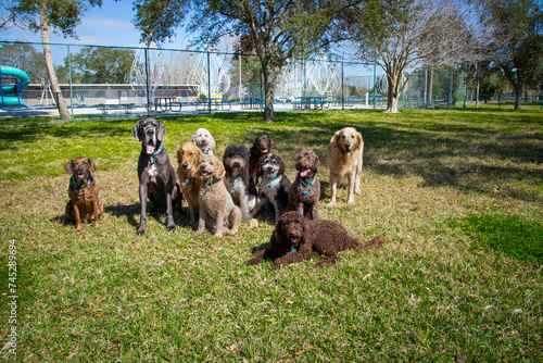 Large group of assorted dogs sitting together in a dog park, Florida, USA photo