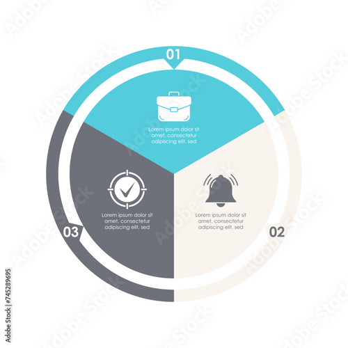 Circle infographic template for cycle diagram, graph, chart or web design. Business concept with 3 steps, options or processes. Isolated on white background.