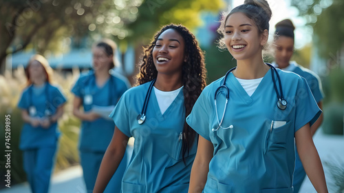 Diverse team of medical students young women in scrubs walk together on a university hospital campus. photo