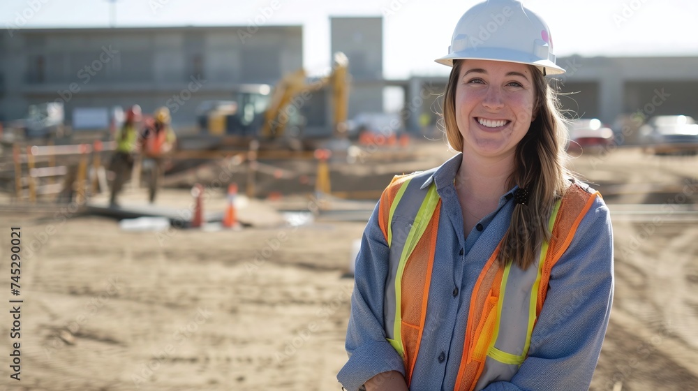 female engineer standing proudly on construction site, demonstrating competence and leadership in engineering career