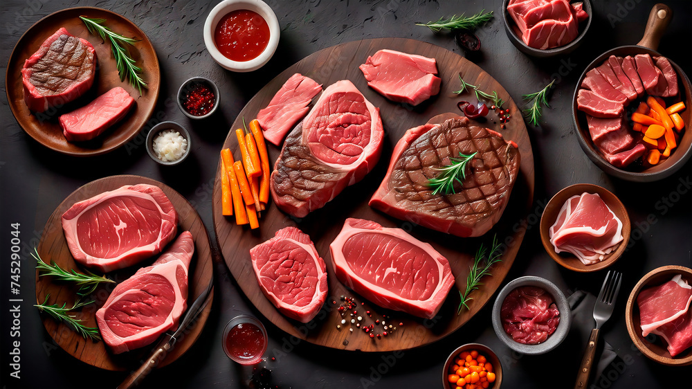 Sumptuous Symphony: A Captivating Culinary Canvas of Prime Beef Steaks and Luscious Raw Cuts on a Rustic, Dark Table Sumptuous Symphony: A Captivating Culinary Canvas of Prime Beef Steaks and Luscious Raw Cuts on a Rustic, Dark Table