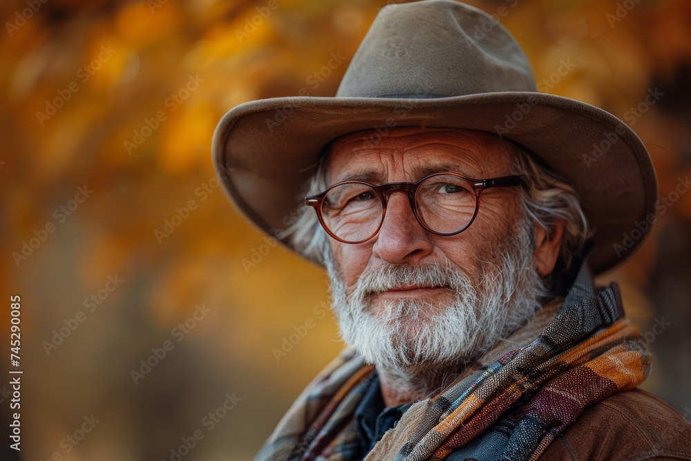 Elderly man with a hat and glasses giving a contemplative look against a backdrop of autumn leaves Elderly man with a hat and glasses giving a contemplative look against a backdrop of autumn leaves