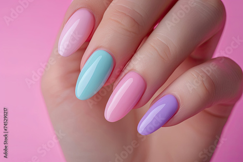 Womans Hand With Pink, Blue, and Green Manicure