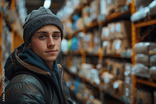 A focused young man wearing winter attire stands in an industrial warehouse setting