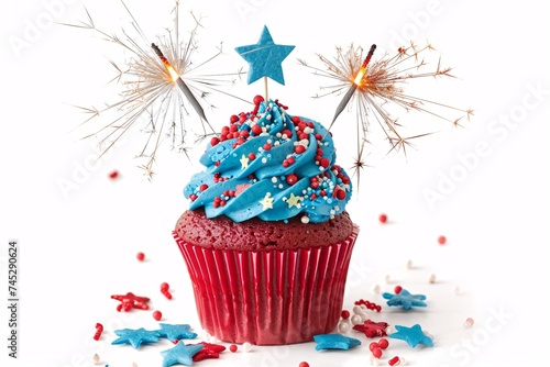 4th of July cupcake with blue  red  and white sprinkles and lit sparkler on Independence  Memorial or Presidents day theme on a white background