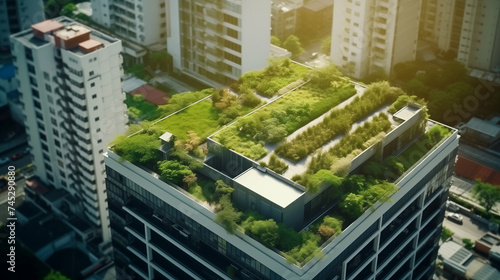 Rooftop garden, the city of the future. Environmental issues. Parks and urban gardens on top of the city buildings. View from the bird eye.
