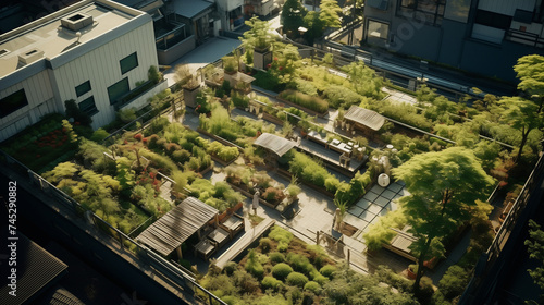 Rooftop garden, the city of the future. Environmental issues. Parks and urban gardens on top of the city buildings. View from the bird eye.